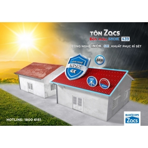 TÔN ZACS® BỀN MÀU INOK® 439 - Ứng dụng công nghệ INOK®439 với lớp mạ ma trận 4 lớp bảo vệ, khuất phục rỉ sét, đặc biệt tại mép cắt, lỗ đinh vít và vết trầy xước mà còn được ứng dụng công nghệ sơn thế hệ mới Gen III